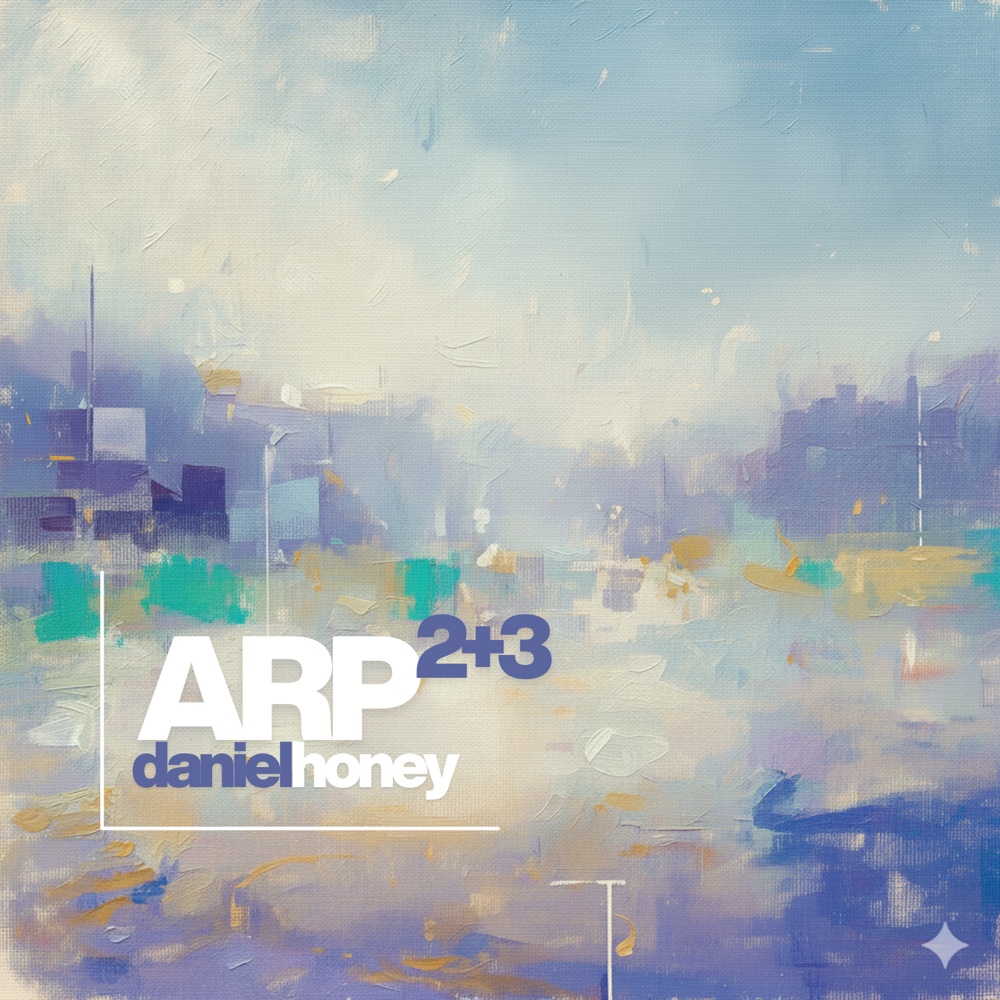 Pale blue, violet and cream textured abstract cover titled Arp 2+3.