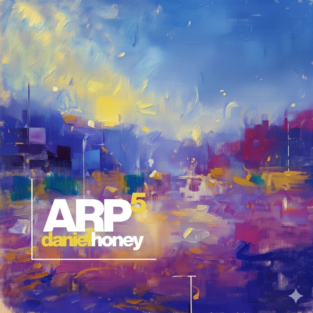 Blue, violet and gold textured abstract cover titled Arp 5.