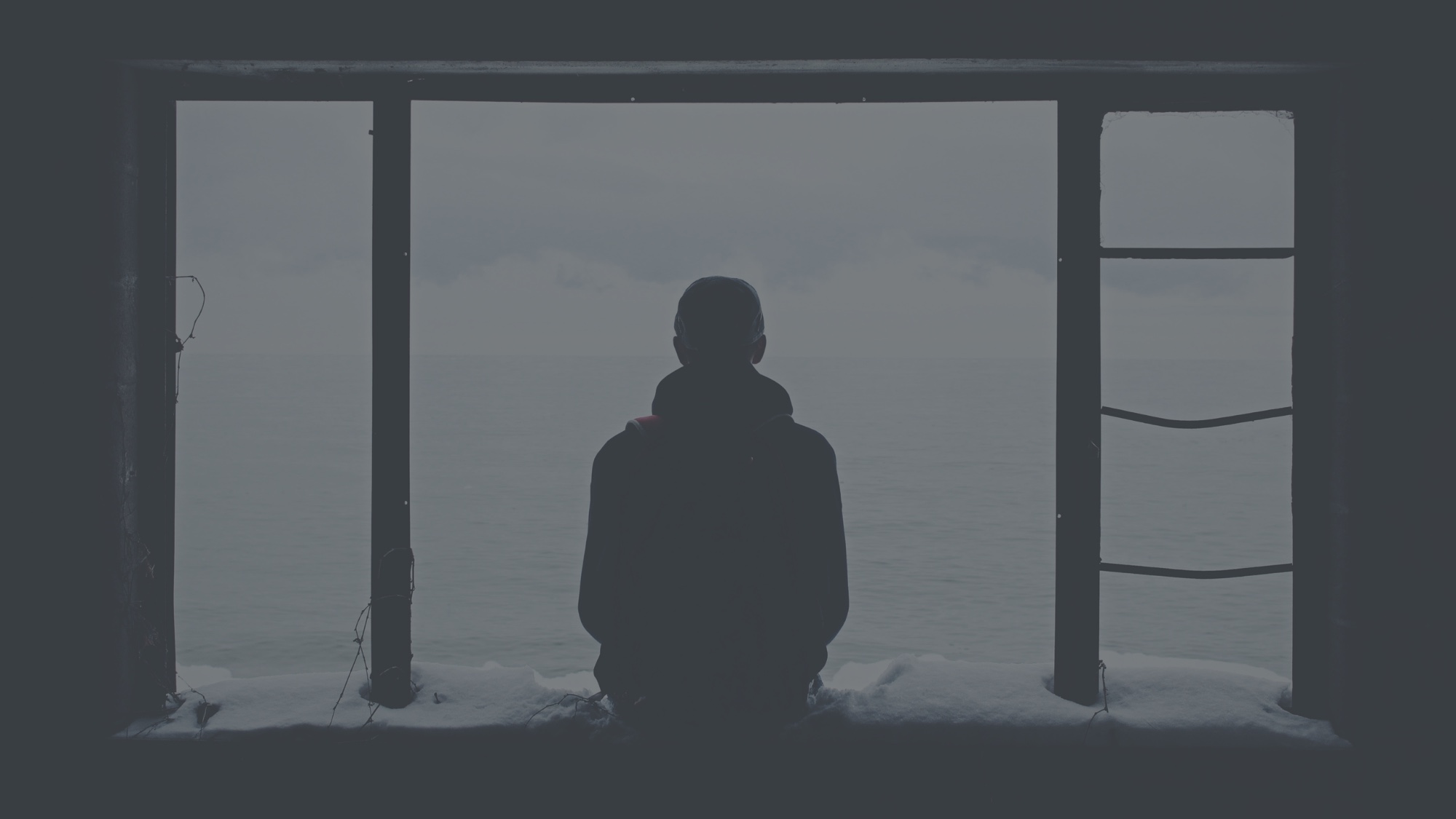 A seated figure looking out to sea through a wide window, in muted monochrome.