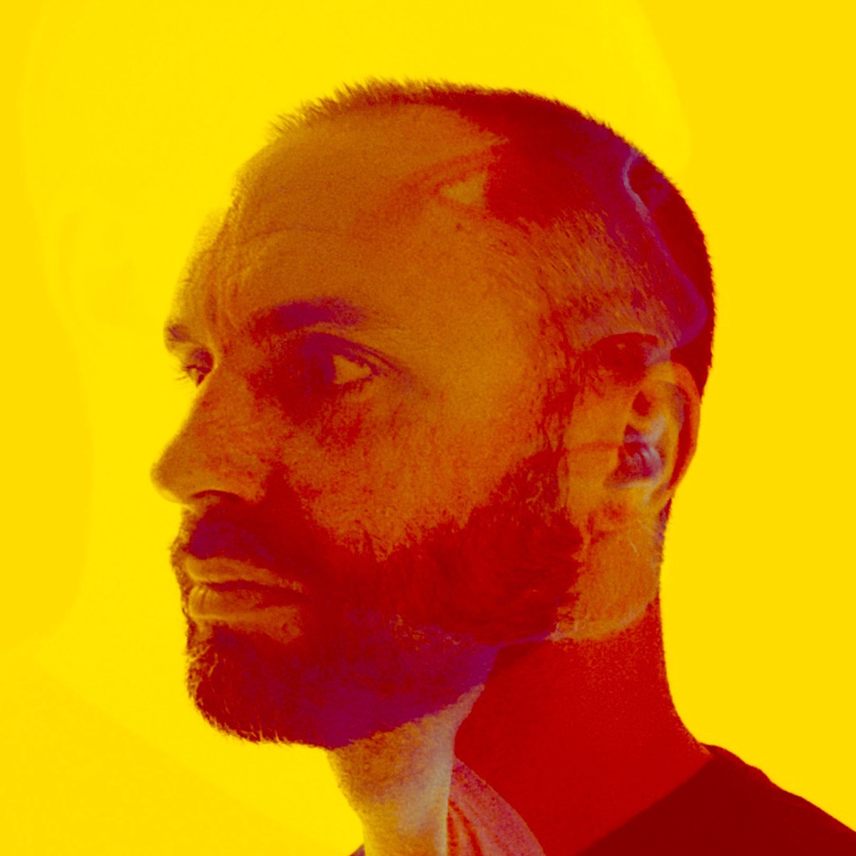 Daniel Honey in profile, with layered yellow, red and violet portrait exposures.